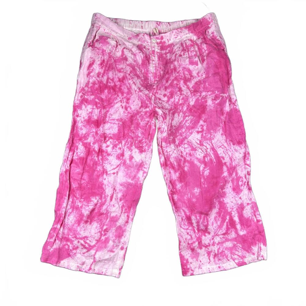 100% Linen Pink Tie Dye Straight High Waisted XXL W's‎ Pants